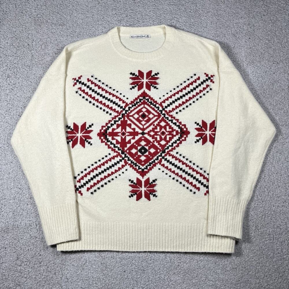 Abercrombie Fitch Sweater Womens M Beige Snowflake Fair Isle Stretch
